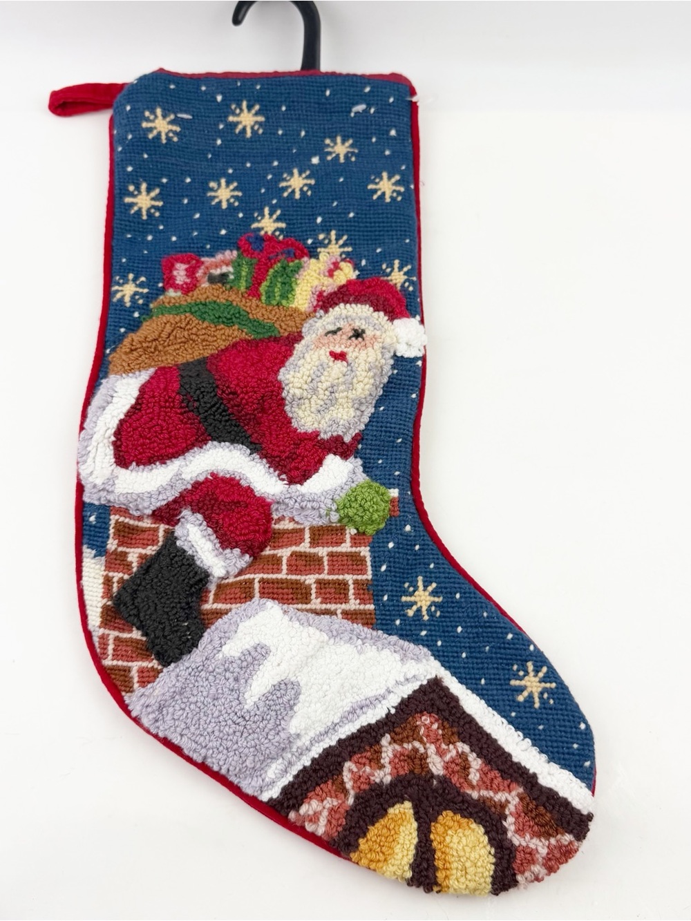 NEW Grandmillennial Wool Needlepoint Christmas Stocking 3D Hooked Santa Vtg